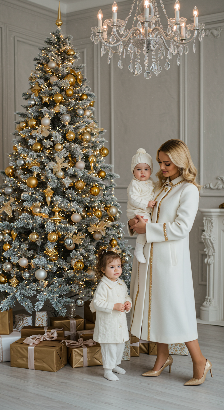Portrait IA de Noël — maman et enfants devant un sapin or et blanc dans un décor élégant